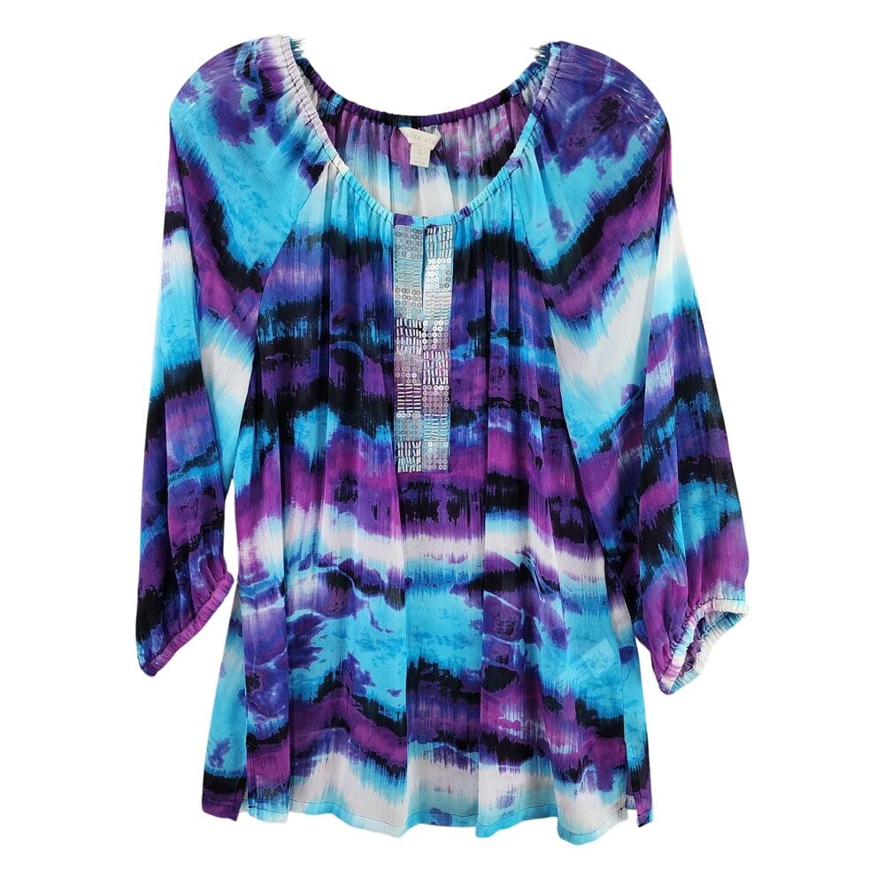 Laura Ashley Tie-Dye Top Women Large Rhinestone Detail Semi-Sheer Long Sleeve
